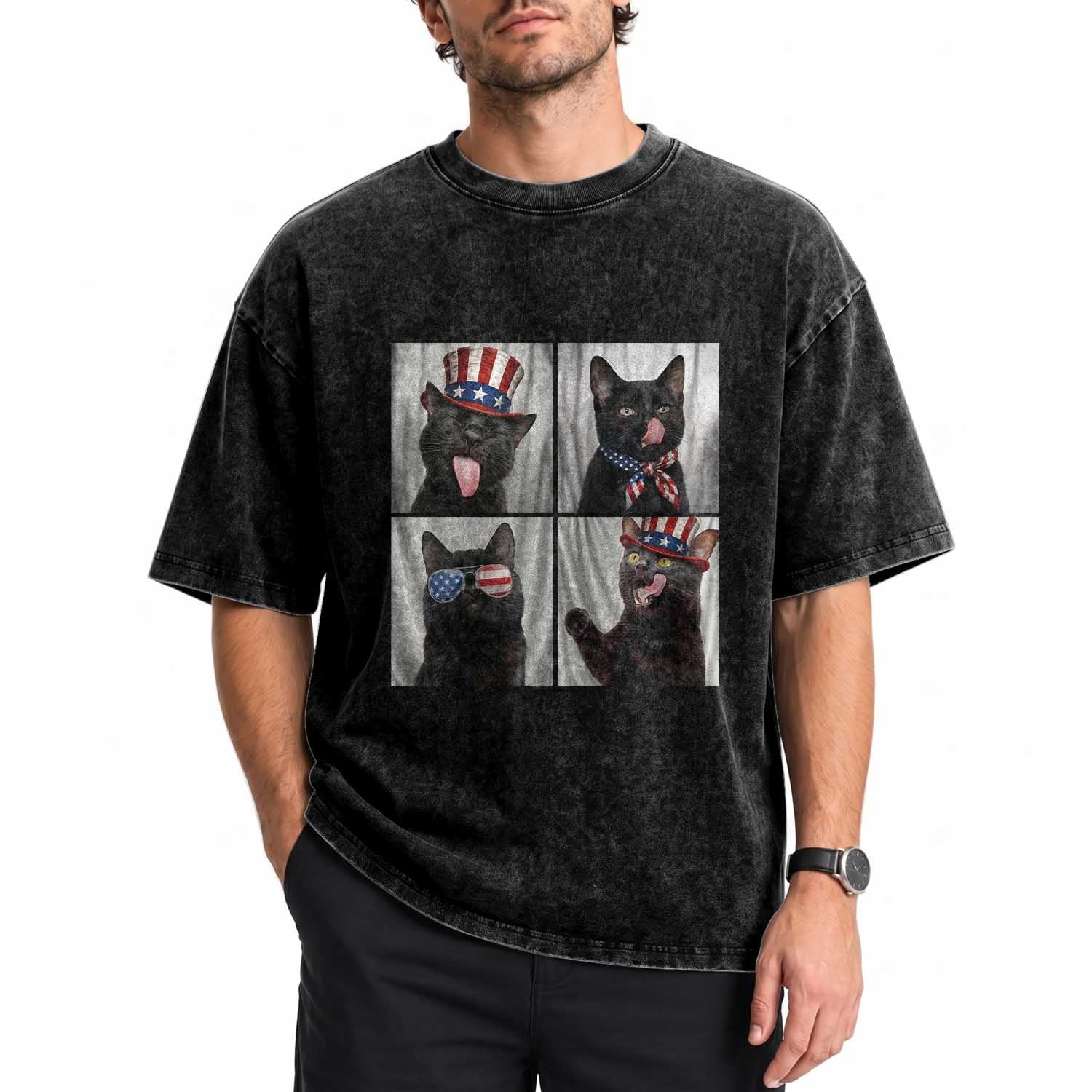 Funny Patriotic Black British Shorthair Cat Selfie Washed Cotton T-Shirt