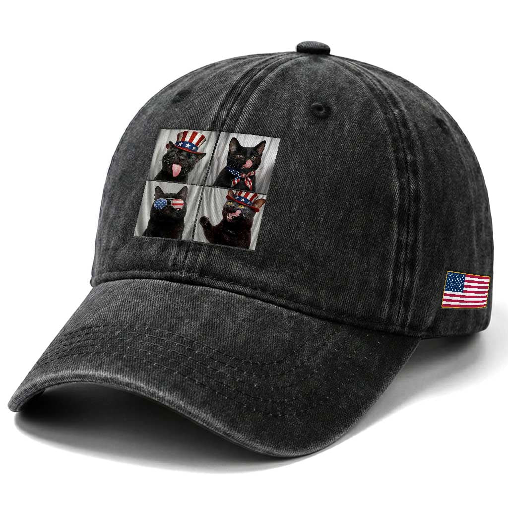 Funny Patriotic Black British Shorthair Cat Selfie Washed Cotton Baseball Cap TS12 Print Your Wear