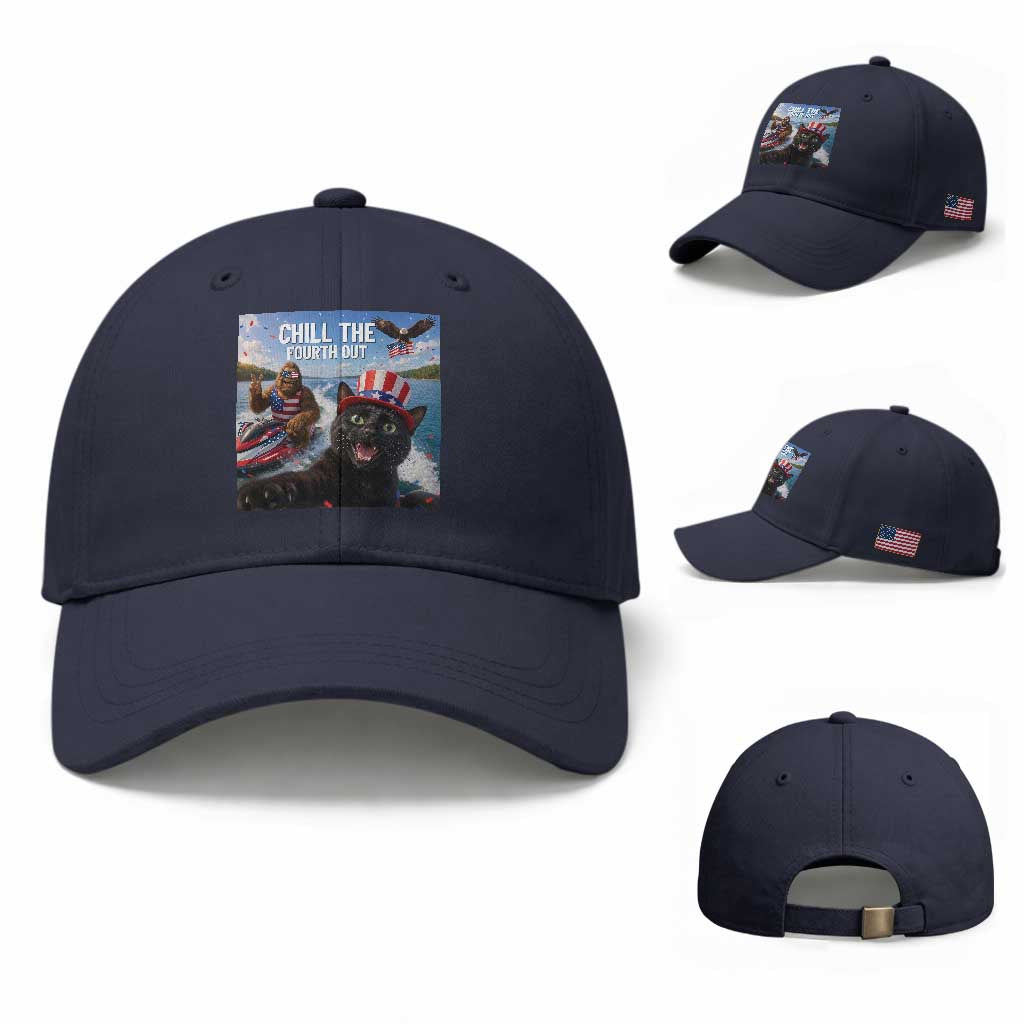 Patriotic Bigfoot And Cat Baseball Cap Chill The Fourth Out TS12 Baseball Cap Universal Fit Navy Print Your Wear