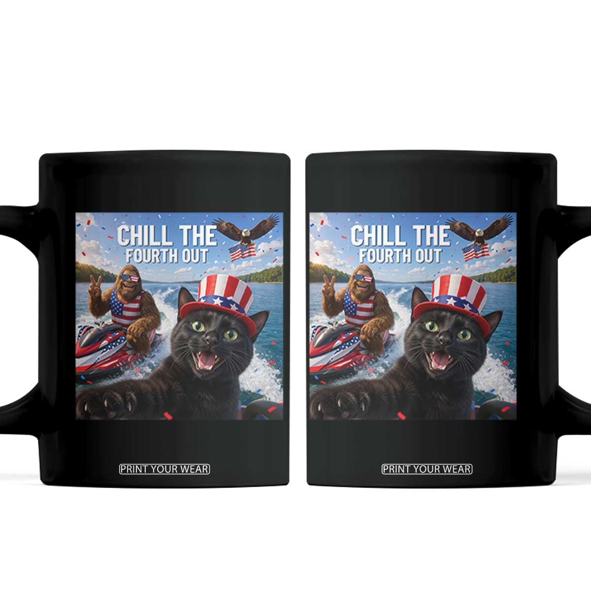 Patriotic Bigfoot And Cat Coffee Mug Chill The Fourth Out TS12 Black Print Your Wear
