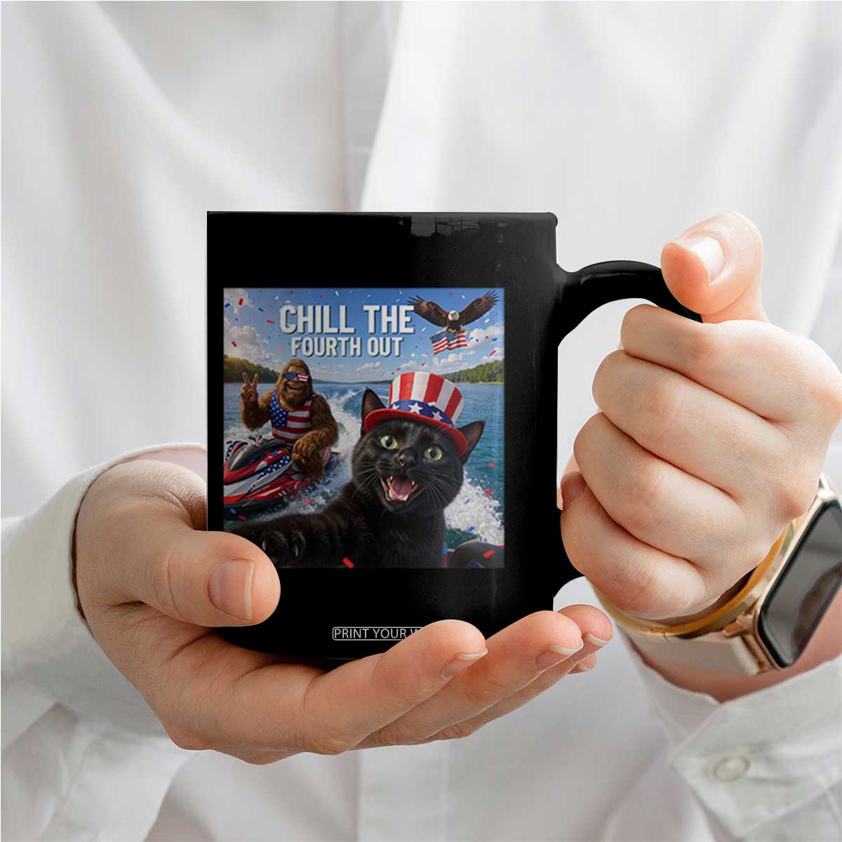 Patriotic Bigfoot And Cat Coffee Mug Chill The Fourth Out TS12 Print Your Wear