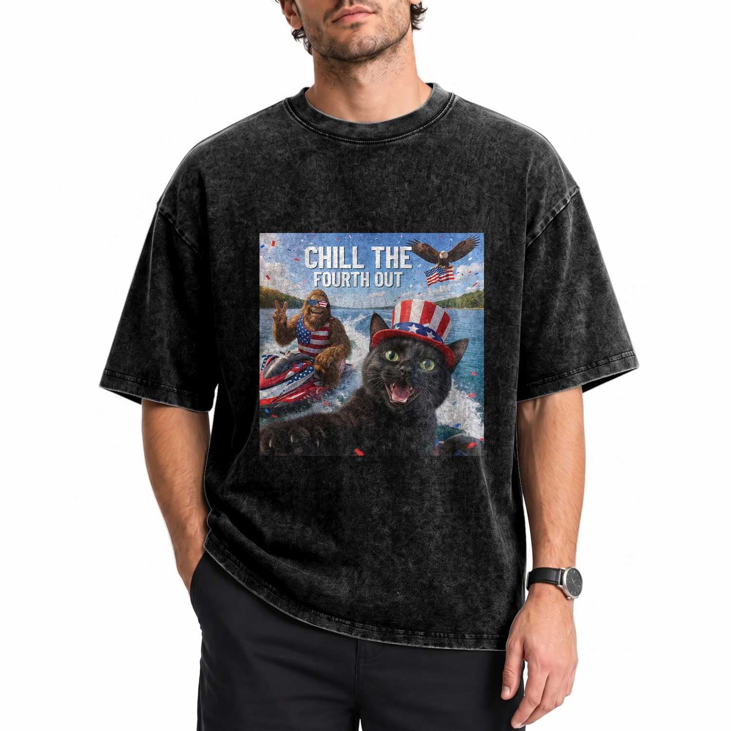 Patriotic Bigfoot And Cat Washed Cotton T-Shirt Chill The Fourth Out