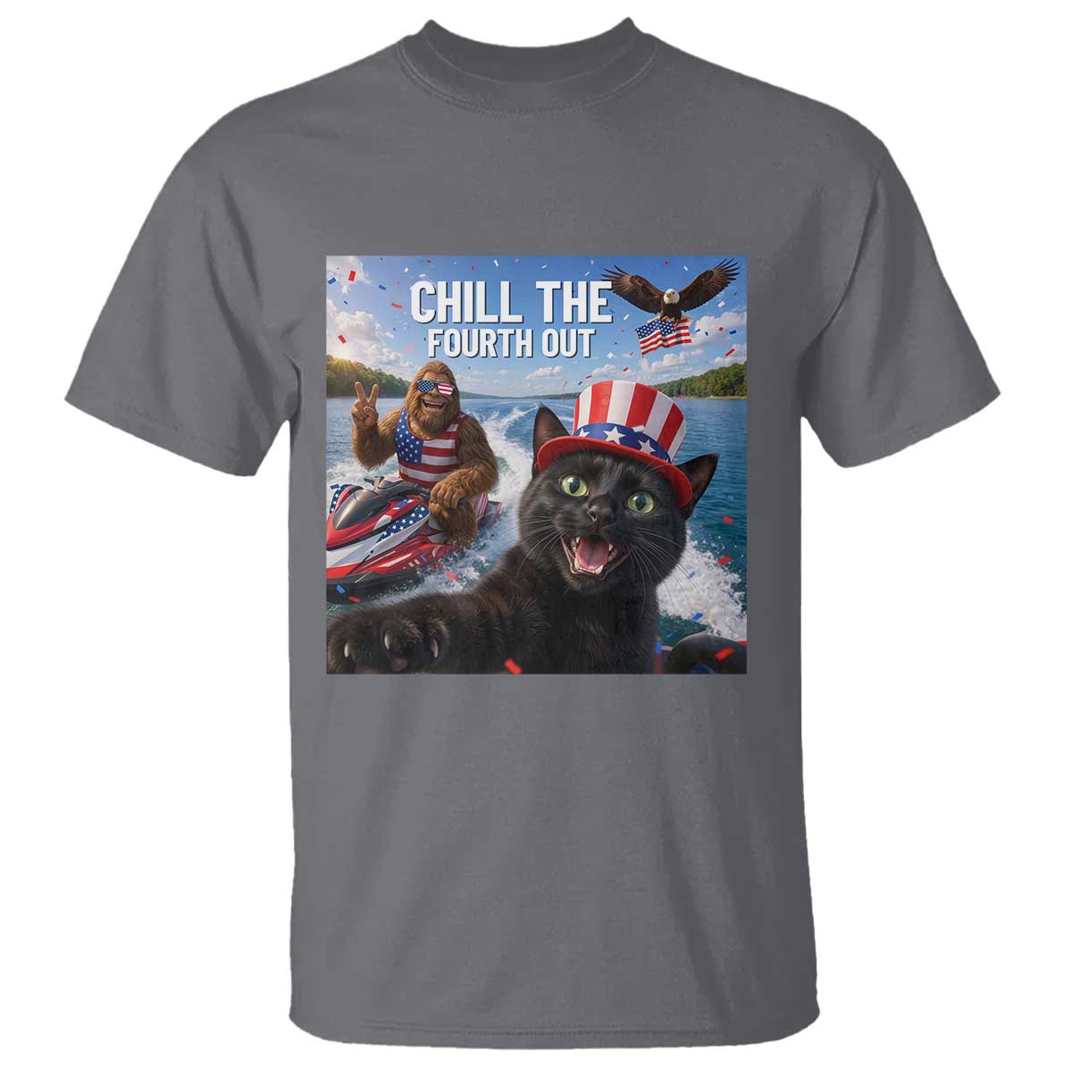 Patriotic Bigfoot And Cat T Shirt Chill The Fourth Out TS12 Charcoal Print Your Wear