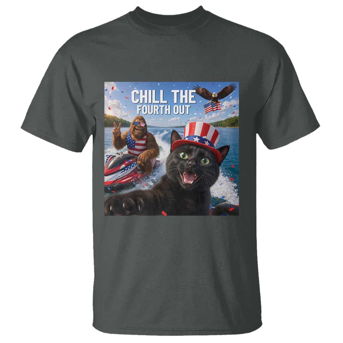 Patriotic Bigfoot And Cat T Shirt Chill The Fourth Out TS12 Dark Heather Print Your Wear