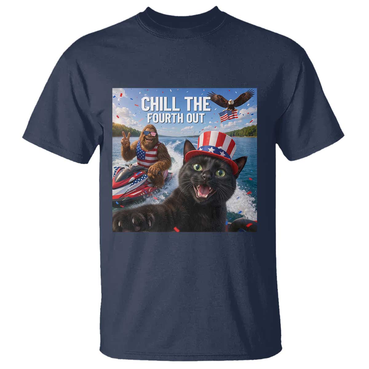 Patriotic Bigfoot And Cat T Shirt Chill The Fourth Out TS12 Navy Print Your Wear