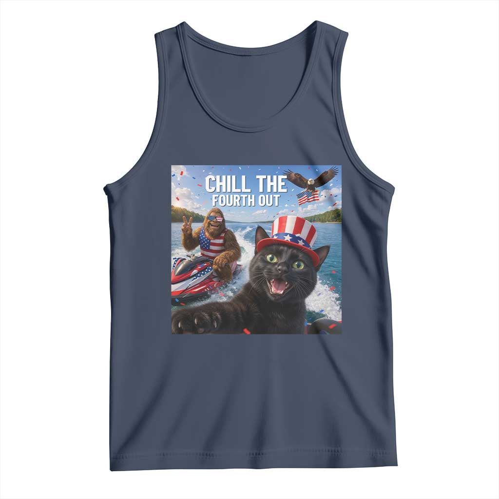Patriotic Bigfoot And Cat Tank Top Chill The Fourth Out TS12 Navy Print Your Wear