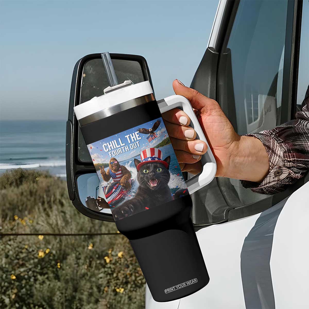 Patriotic Bigfoot And Cat Tumbler With Handle Chill The Fourth Out TS12 Print Your Wear