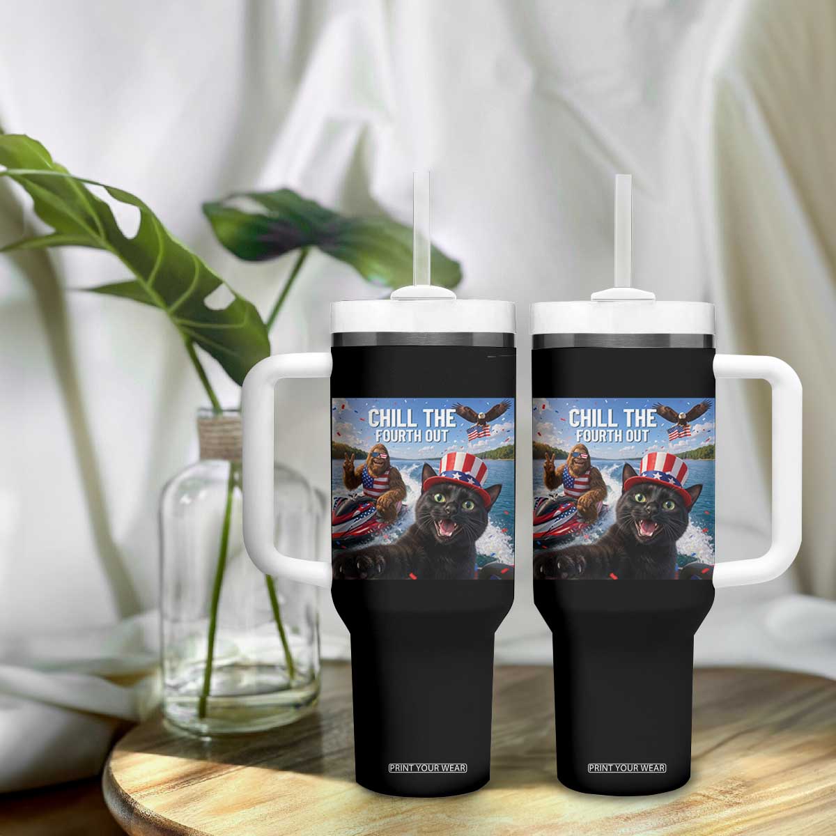 Patriotic Bigfoot And Cat Tumbler With Handle Chill The Fourth Out TS12 Print Your Wear