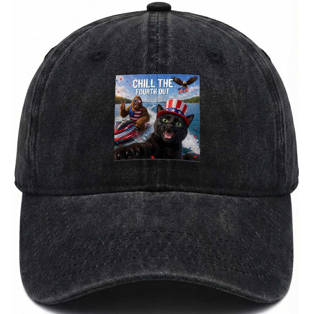 Patriotic Bigfoot And Cat Washed Cotton Baseball Cap Chill The Fourth Out TS12 Print Your Wear
