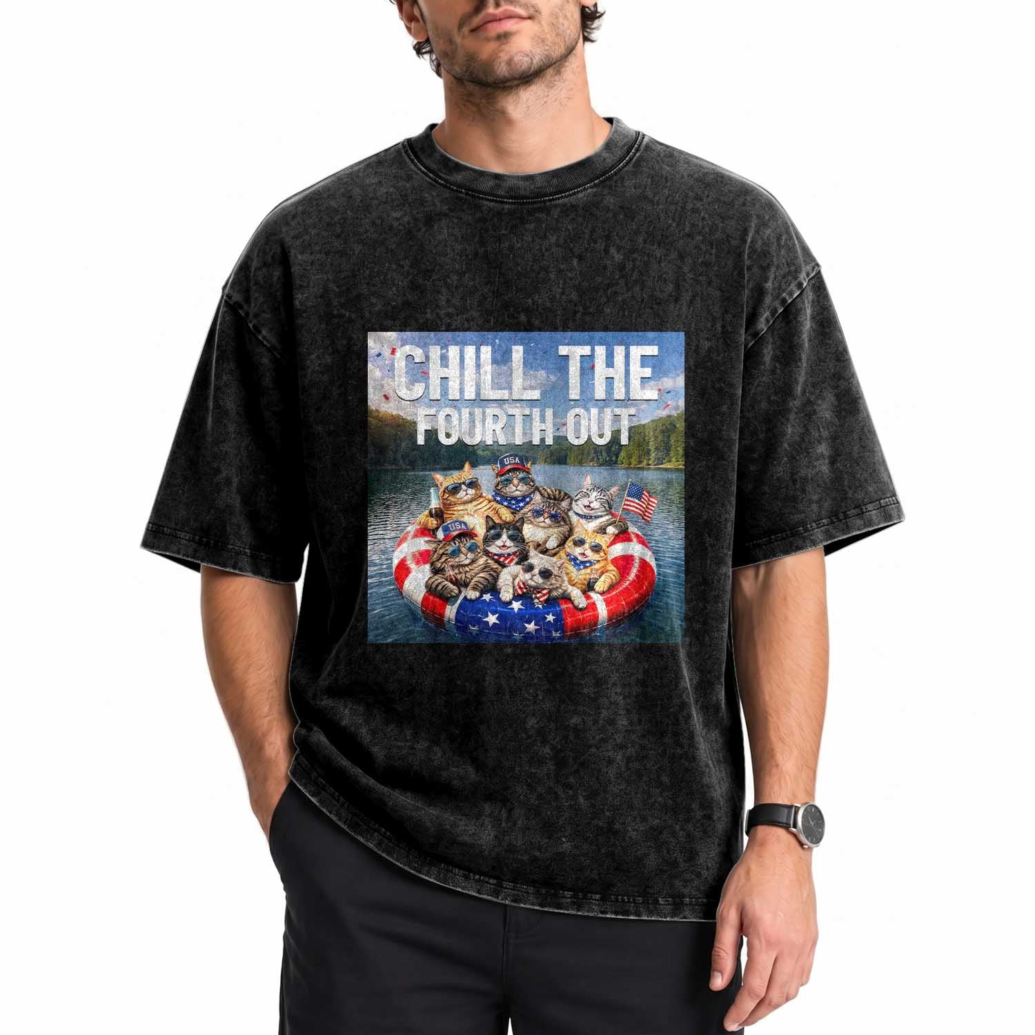 Funny Americana Cat Squad Washed Cotton T-Shirt Chill The Fourth Out