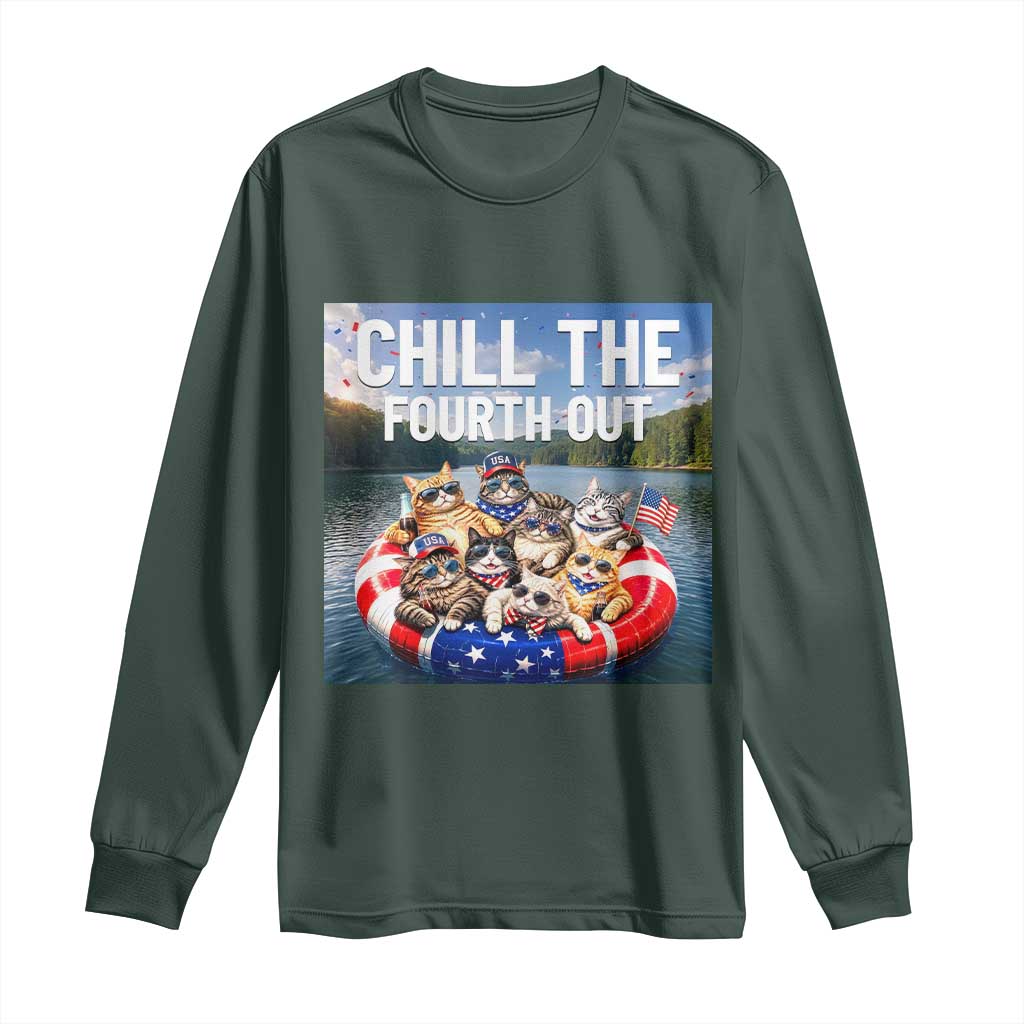 Funny Americana Cat Squad Long Sleeve Shirt Chill The Fourth Out TS12 Dark Forest Green Print Your Wear