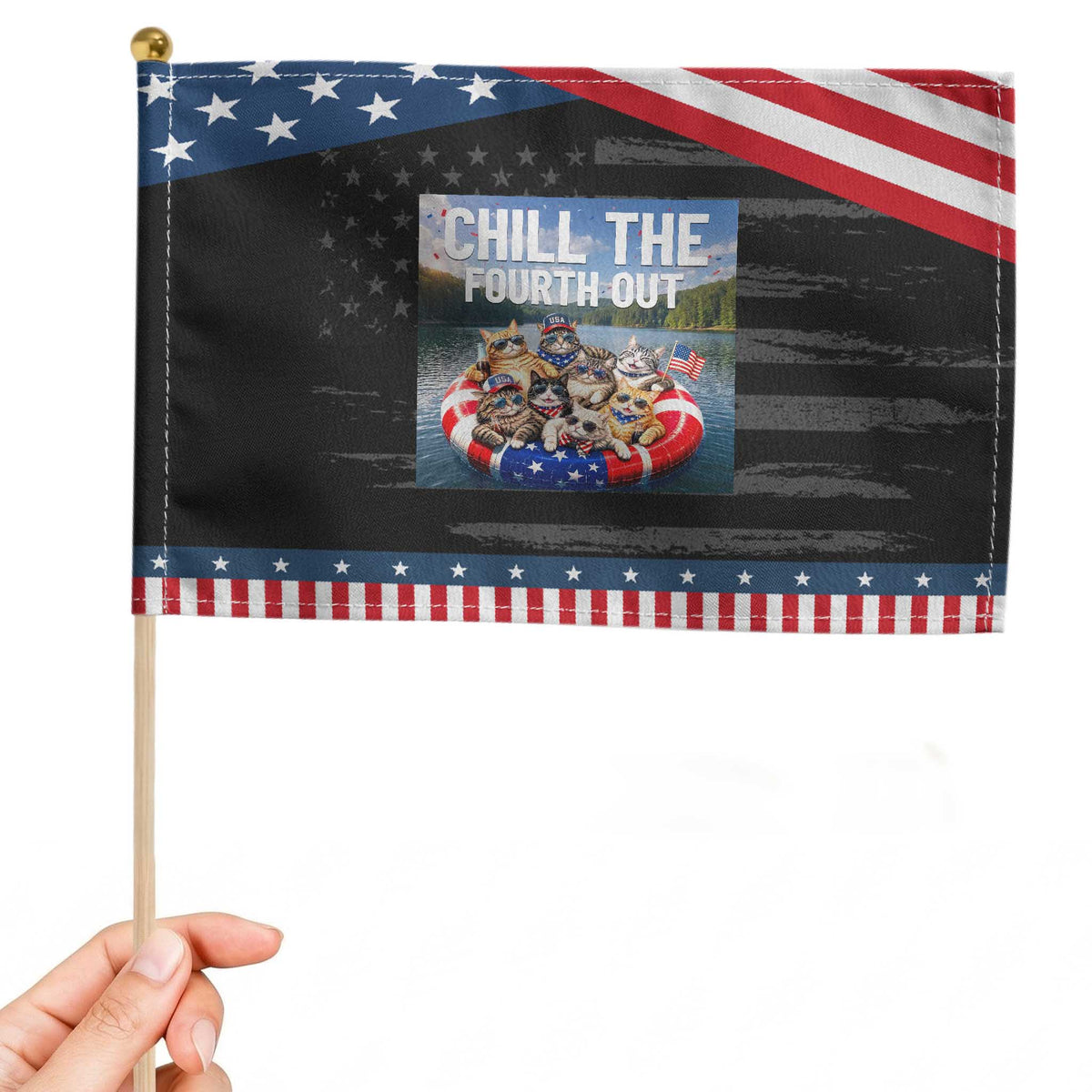 Funny Americana Cat Squad Patriotic Handheld Flag Chill The Fourth Out TS12 Distressed 8.2