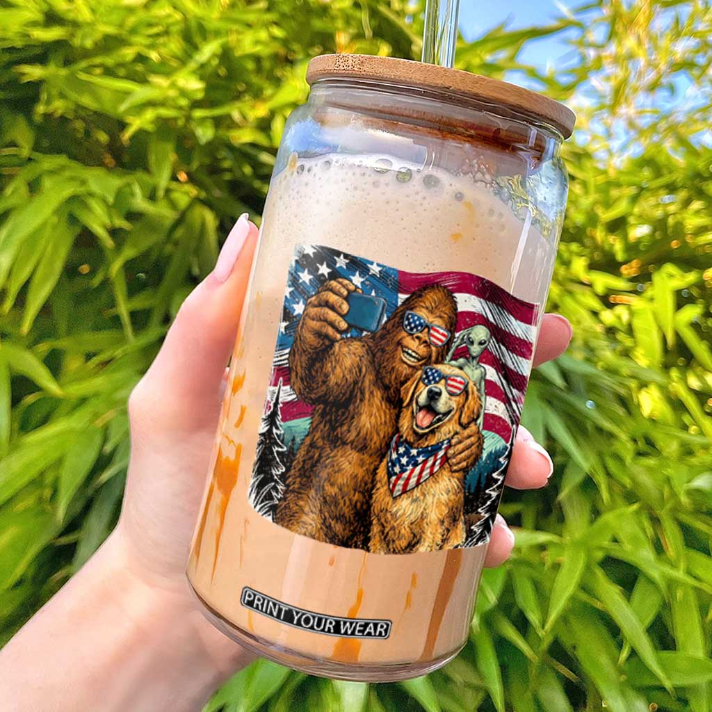 Funny Patriotic Bigfoot Golden Retriever Selfie Squad Glass Can TS12 Black Print Your Wear