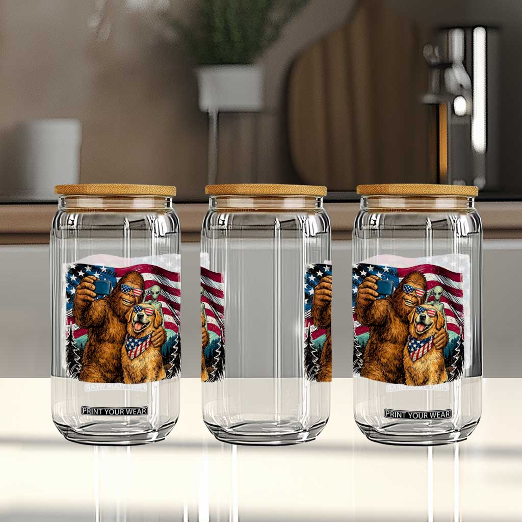 Funny Patriotic Bigfoot Golden Retriever Selfie Squad Glass Can TS12 Print Your Wear