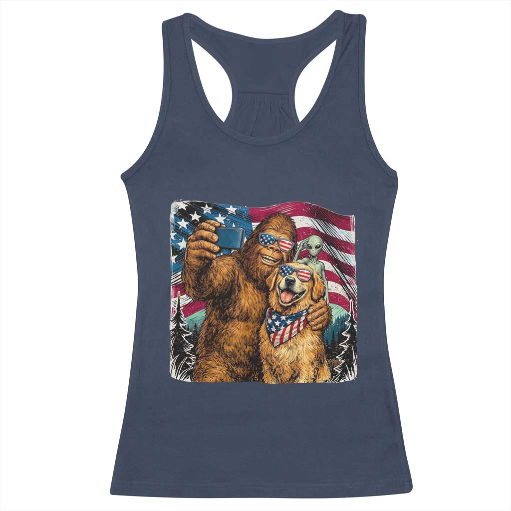 Funny Patriotic Bigfoot Golden Retriever Selfie Squad Racerback Tank Top TS12 Navy Print Your Wear
