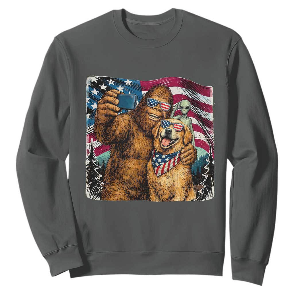 Funny Patriotic Bigfoot Golden Retriever Selfie Squad Sweatshirt TS12 Dark Heather Print Your Wear