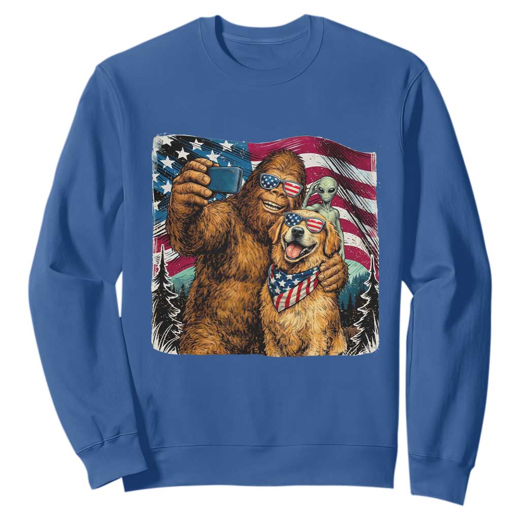 Funny Patriotic Bigfoot Golden Retriever Selfie Squad Sweatshirt TS12 Royal Blue Print Your Wear