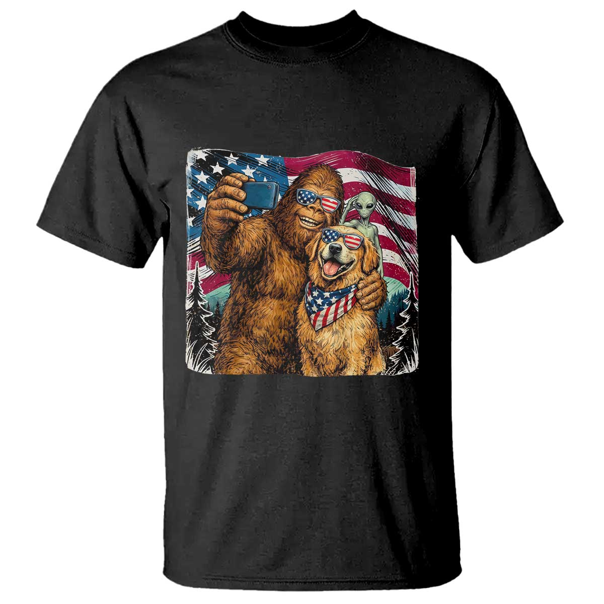 Funny Patriotic Bigfoot Golden Retriever Selfie Squad T Shirt TS12 Black Print Your Wear