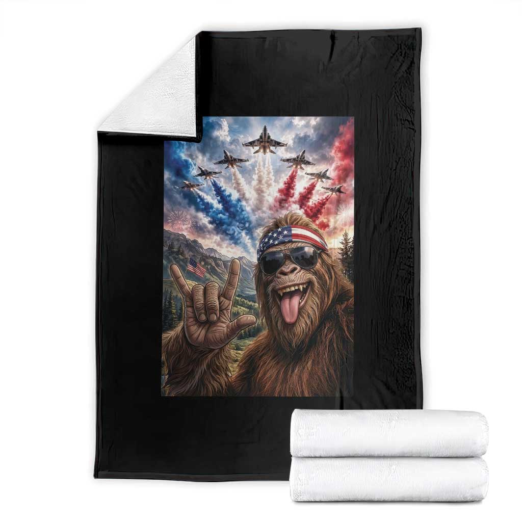 Patriotic Bigfoot 4th Of July Selfie Throw Blanket Funny USA Freedom Jet Fighter Graphic TS12 Black Print Your Wear