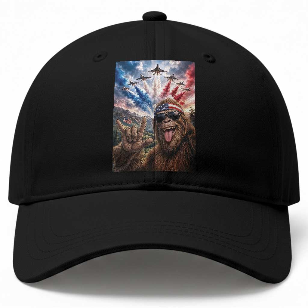 Patriotic Bigfoot 4th Of July Selfie Baseball Cap Funny USA Freedom Jet Fighter Graphic TS12 Print Your Wear