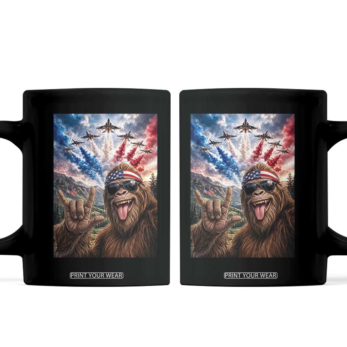 Patriotic Bigfoot 4th Of July Selfie Coffee Mug Funny USA Freedom Jet Fighter Graphic TS12 Black Print Your Wear