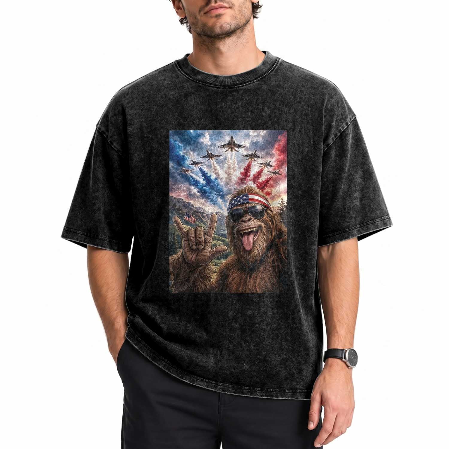 Patriotic Bigfoot 4th Of July Selfie Washed Cotton T-Shirt Funny USA Freedom Jet Fighter Graphic
