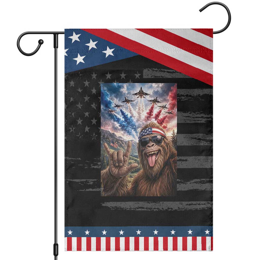 Funny Bigfoot 4th Of July Selfie Patriotic Garden Flag Funny USA Freedom Jet Fighter Graphic TS12 Distressed Black Blue Print Your Wear