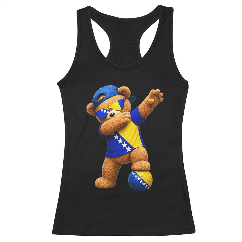 Funny Bosnia Teddy Bear Dabbing Fudbal Fan Gift Racerback Tank Top TS12 Black Print Your Wear