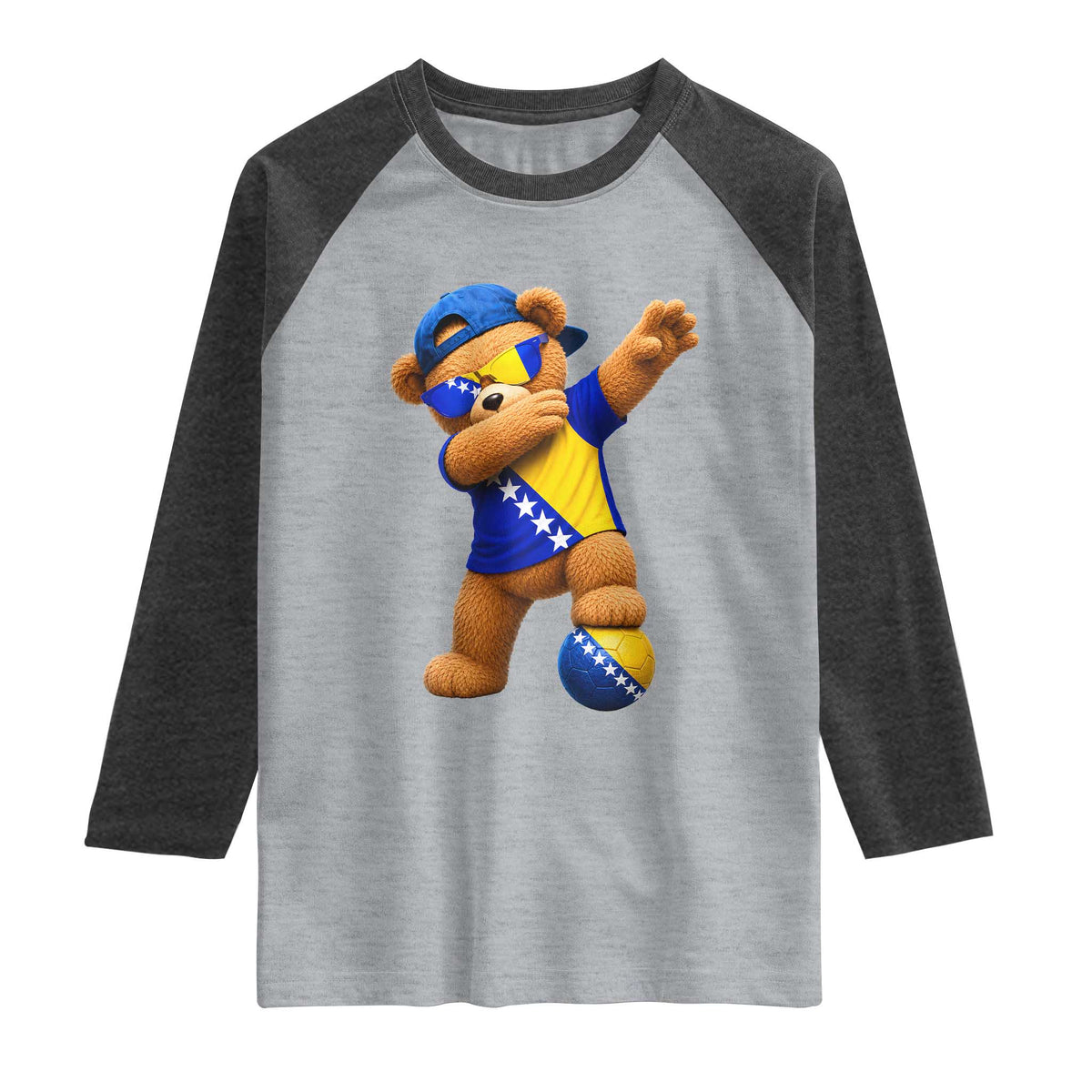 Funny Bosnia Teddy Bear Dabbing Fudbal Fan Gift Raglan Shirt TS12 Heather Gray Heather Charcoal Print Your Wear