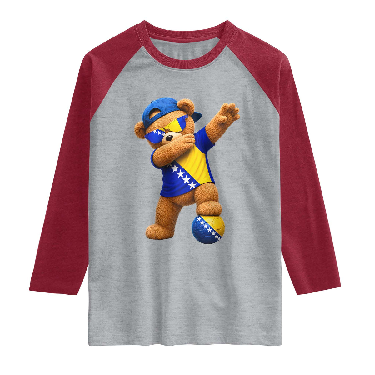Funny Bosnia Teddy Bear Dabbing Fudbal Fan Gift Raglan Shirt TS12 Heather Gray Heather Red Print Your Wear