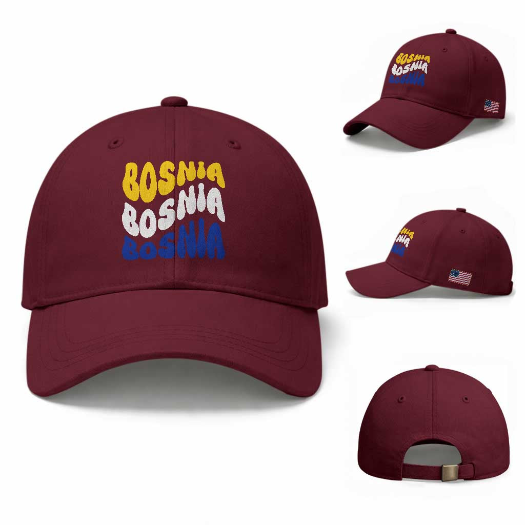 Groovy Retro Bosnia Baseball Cap Proud Bosnian Balkan Heritage Gift TS12 Baseball Cap Universal Fit Maroon Print Your Wear