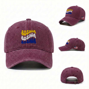Groovy Retro Bosnia Washed Cotton Baseball Cap Proud Bosnian Balkan Heritage Gift TS12 Washed Cap Universal Fit Burgundy Print Your Wear