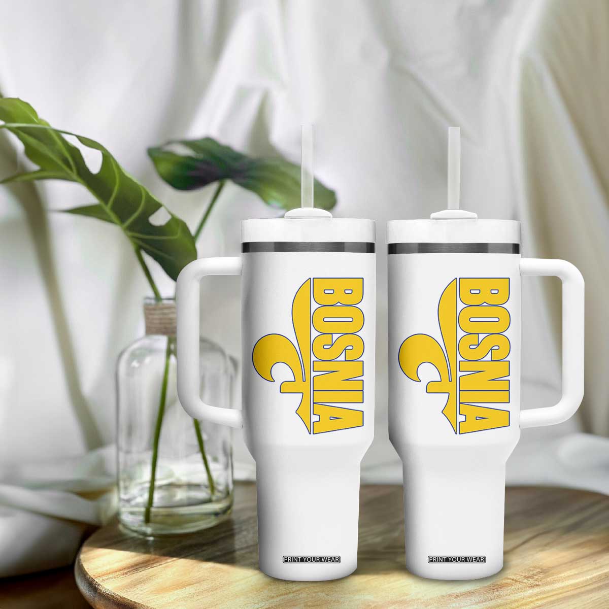 Bosnian Fleur De Lis Flag Tumbler With Handle Proud Bosnia Heritage Gift TS12 Print Your Wear
