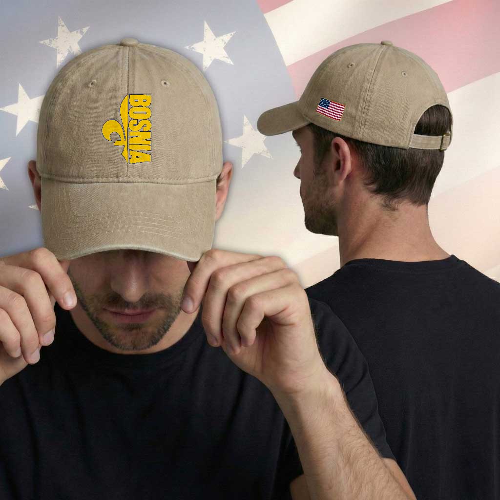 Bosnian Fleur De Lis Flag Washed Cotton Baseball Cap Proud Bosnia Heritage Gift TS12 Print Your Wear