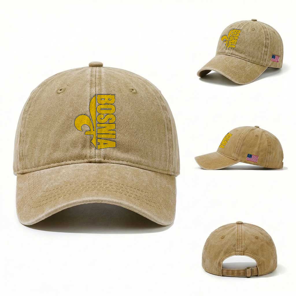 Bosnian Fleur De Lis Flag Washed Cotton Baseball Cap Proud Bosnia Heritage Gift TS12 Washed Cap Universal Fit Khaki Print Your Wear