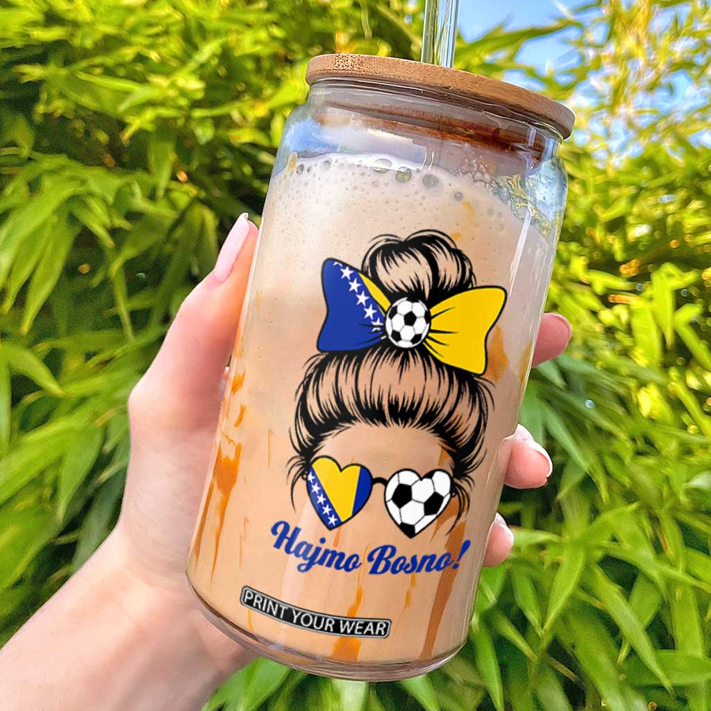Bosnia Soccer Messy Bun Glass Can Hajmo Bosno Game Day Gift TS12 White Print Your Wear