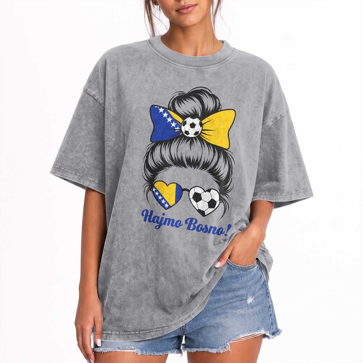 Bosnia Soccer Messy Bun Washed Cotton T-Shirt Hajmo Bosno Game Day Gift