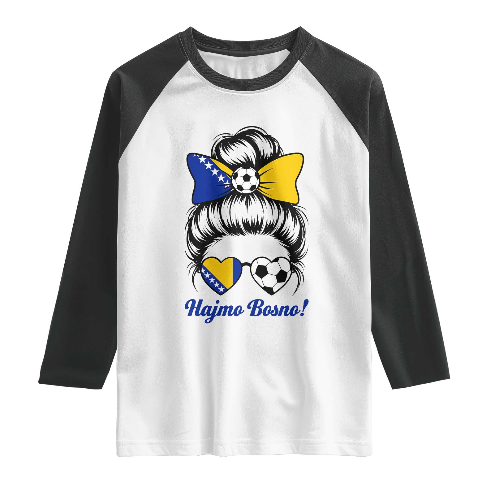 Bosnia Soccer Messy Bun Raglan Shirt Hajmo Bosno Game Day Gift TS12 White Black Print Your Wear
