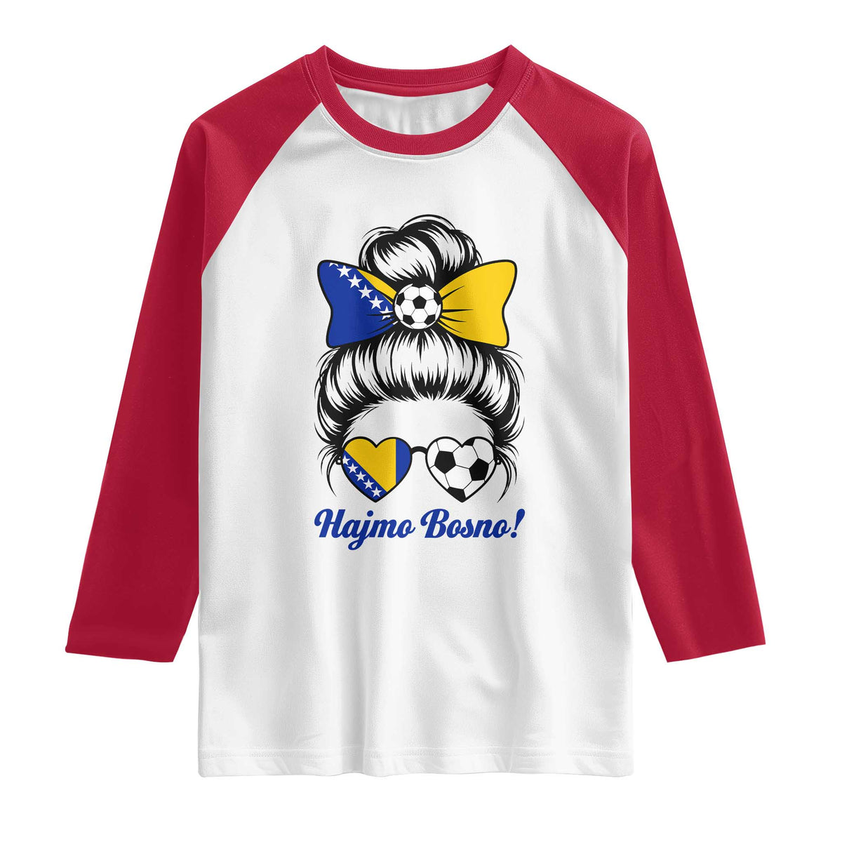 Bosnia Soccer Messy Bun Raglan Shirt Hajmo Bosno Game Day Gift TS12 White Red Print Your Wear