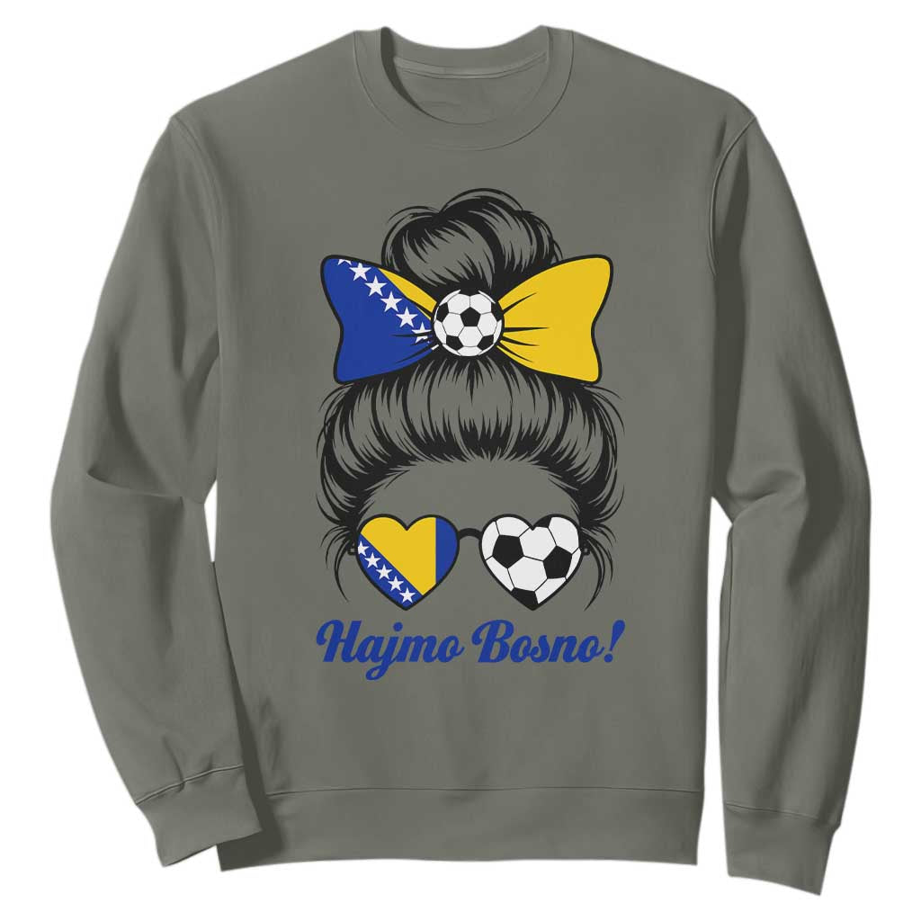 Bosnia Soccer Messy Bun Sweatshirt Hajmo Bosno Game Day Gift TS12 Military Green Print Your Wear