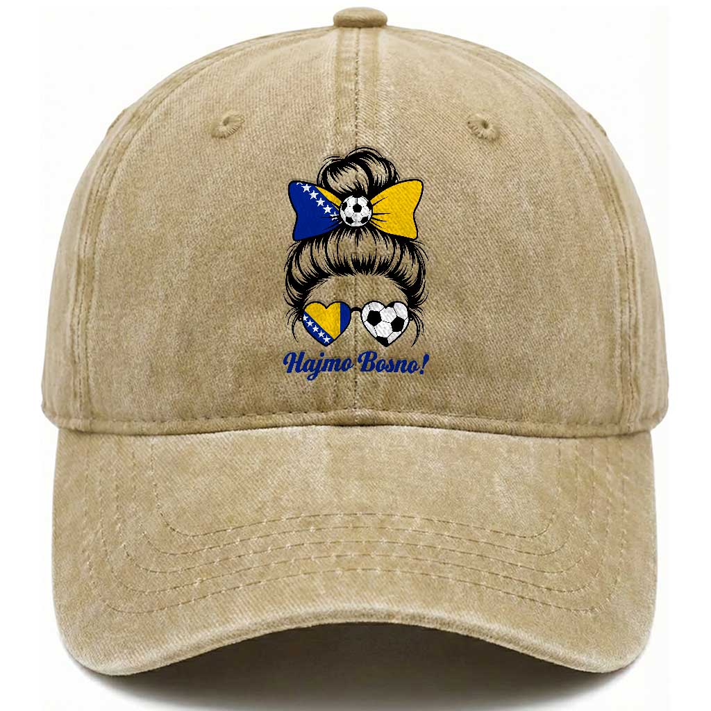 Bosnia Soccer Messy Bun Washed Cotton Baseball Cap Hajmo Bosno Game Day Gift TS12 Print Your Wear