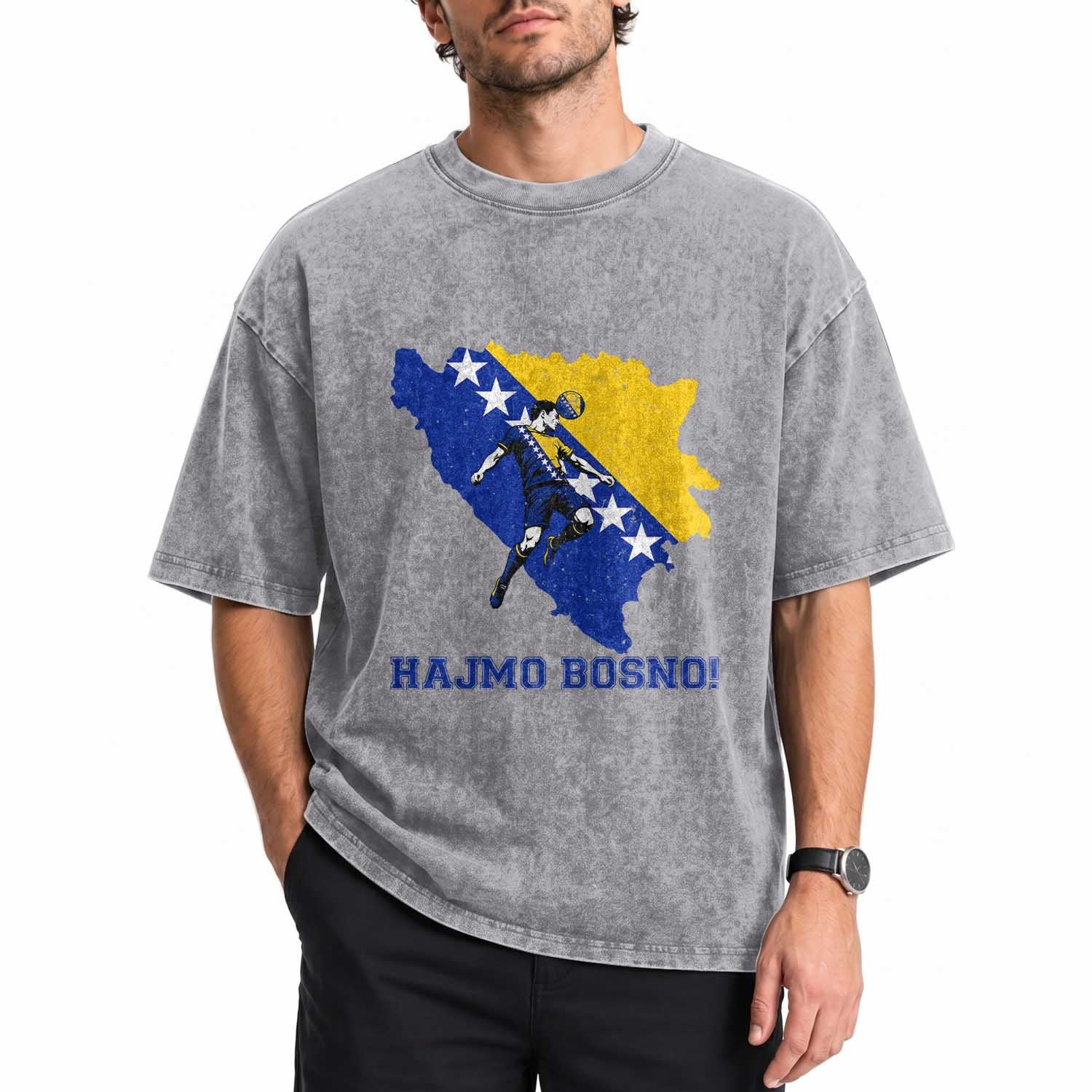 Vintage Bosnian Map Football Fan Washed Cotton T-Shirt Proud Balkan Heritage Gift