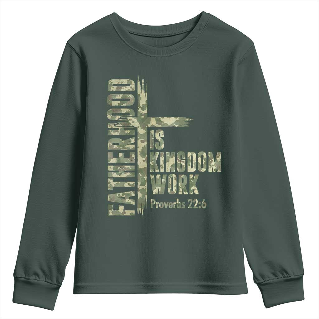 Fatherhood Is Kingdom Work Youth Sweatshirt Camo Christian Fathers Day Gift TS12 Dark Forest Green Print Your Wear