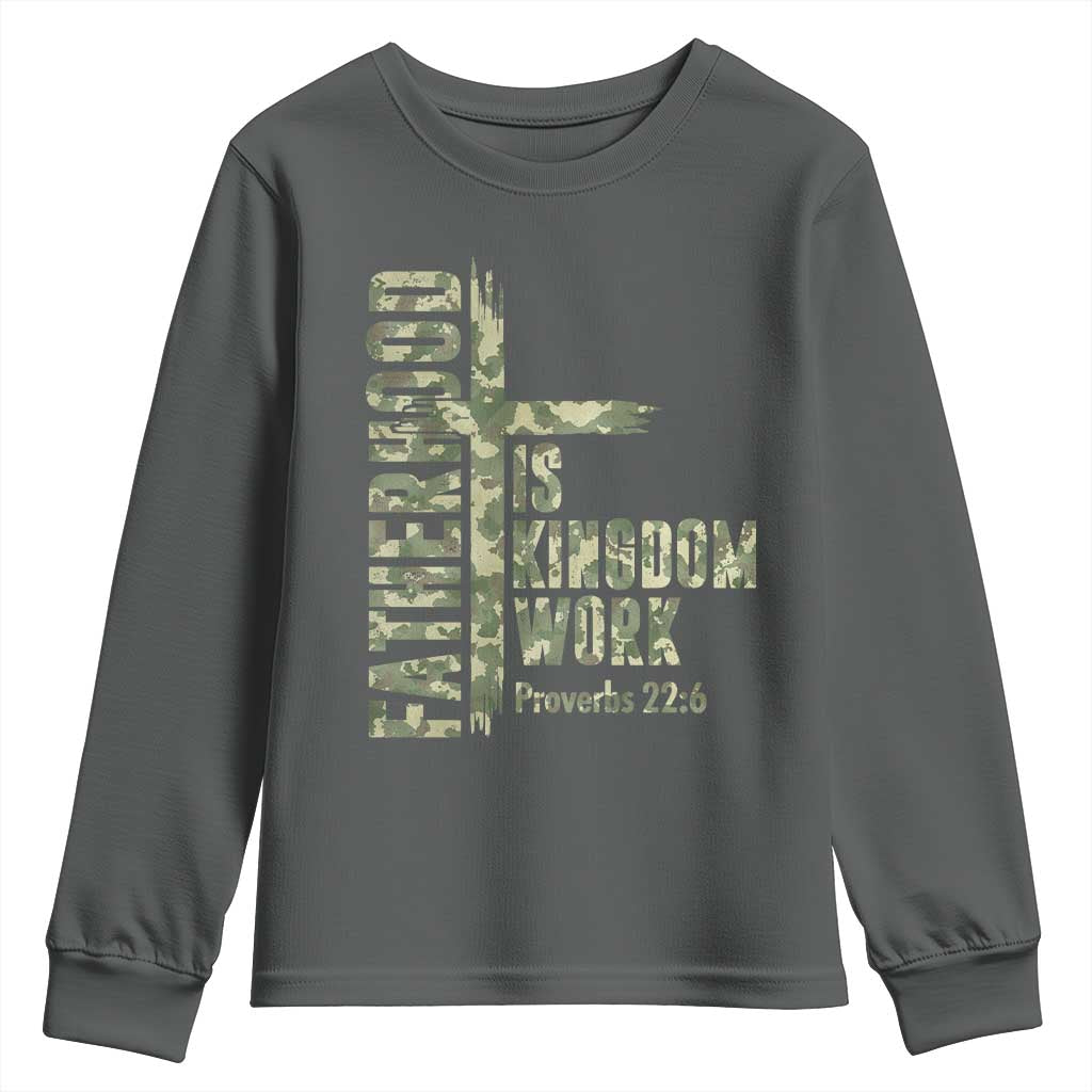 Fatherhood Is Kingdom Work Youth Sweatshirt Camo Christian Fathers Day Gift TS12 Dark Heather Print Your Wear