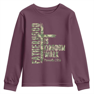 Fatherhood Is Kingdom Work Youth Sweatshirt Camo Christian Fathers Day Gift TS12 Maroon Print Your Wear