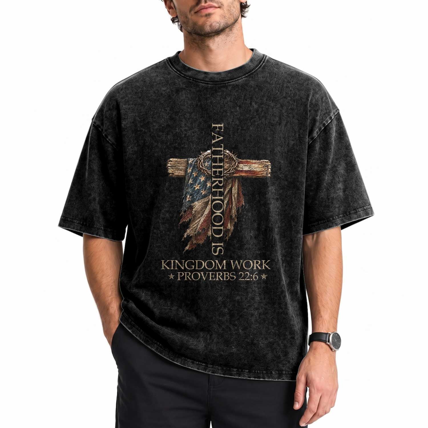 Fatherhood Is Kingdom Work Washed Cotton T-Shirt Vintage American Flag Christian Dad Gift