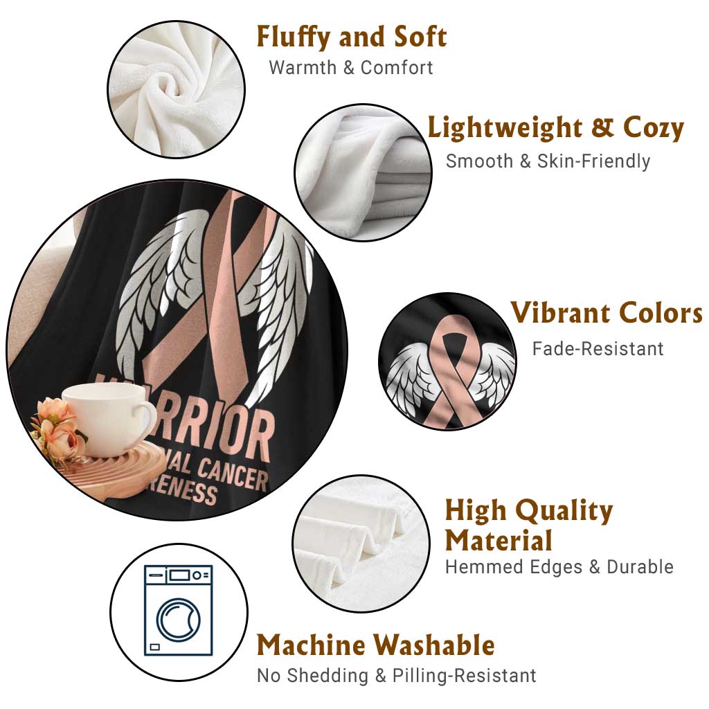 Endometrial Cancer Warrior Throw Blanket Peach Ribbon Angel Wings Support TS12 Print Your Wear