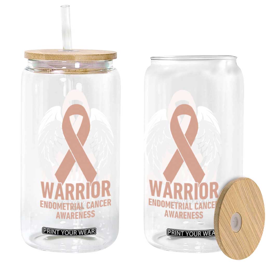 Endometrial Cancer Warrior Glass Can Peach Ribbon Angel Wings Support TS12 Print Your Wear