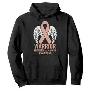 Endometrial Cancer Warrior Hoodie Peach Ribbon Angel Wings Support TS12 Black Print Your Wear