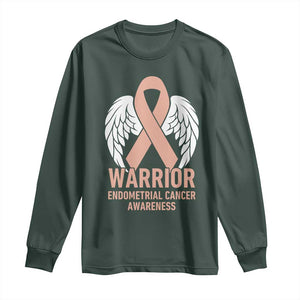 Endometrial Cancer Warrior Long Sleeve Shirt Peach Ribbon Angel Wings Support TS12 Dark Forest Green Print Your Wear